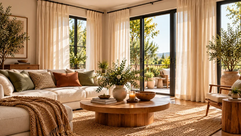 Bright modern living room with floor-length ivory curtains, natural sunlight, and warm neutral home decor
