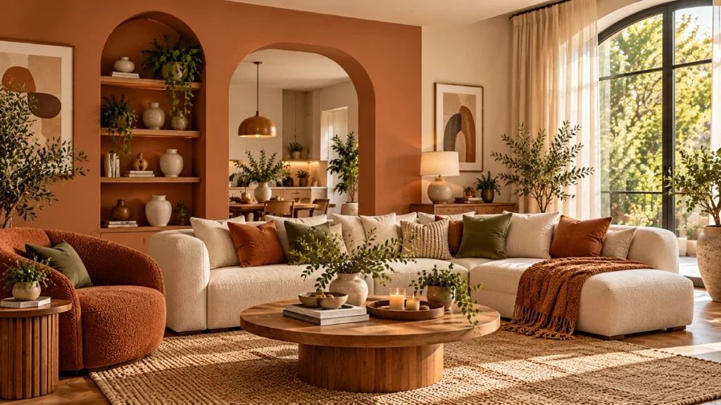 Warm modern living room featuring terracotta walls, curved furniture, natural wood, and earthy home decor trends for 2026